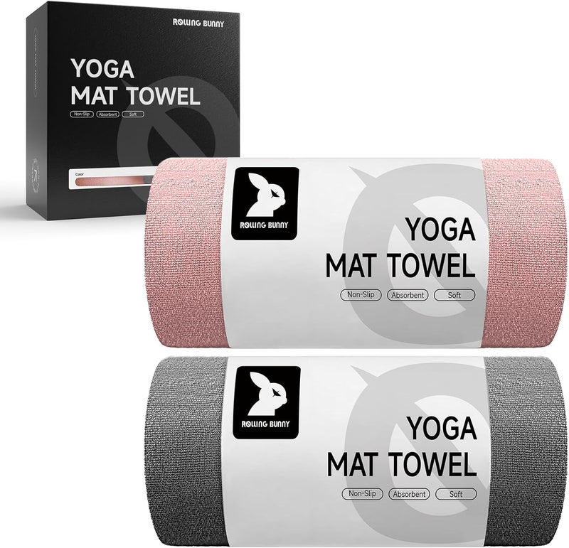 RollingBunny Yoga Mat Towel - Non-Slip Microfiber for Hot Yoga & Pilates | Super Absorbent, Lightweight & Machine Washable 72"x25" (Pink + Gray) - Image 1
